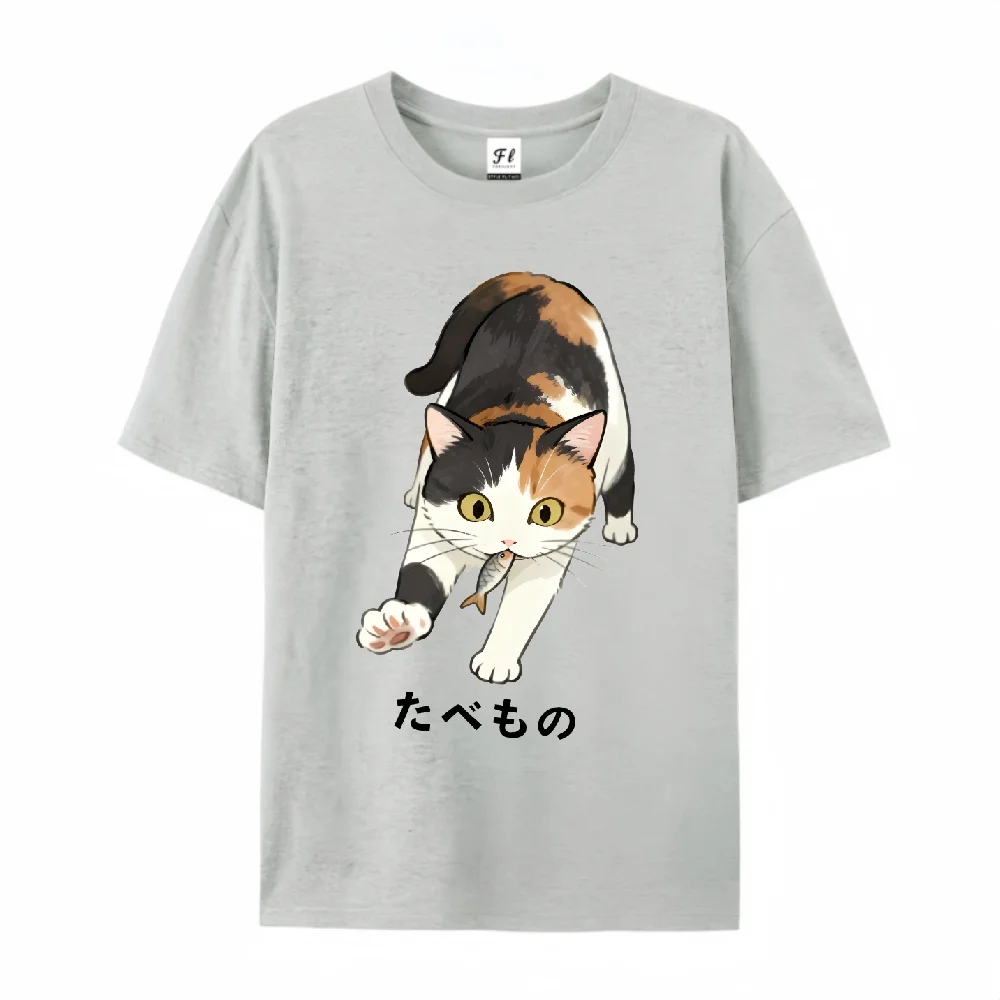 Fishing Cat Print T Shirt Unisex Oversized Soft Cotton Tee With Calico Cat Pattern Casual Short Sleeve Sweatshirt Streetwear