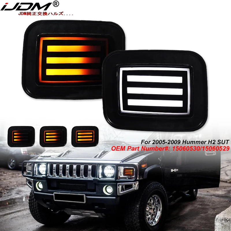 iJDM Switchback/Sequential LED Turn Signal/Driving DRL Light For Hummer H2 SUT (White LED Fog/DRL, Amber LED Blinker)2002-2009