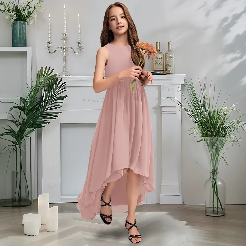

Sophisticated A-Line Scoop Chiffon Junior Bridesmaid Dress Midnight Navy Flower Girl Dress Asymmetrical Wedding Communion Gown