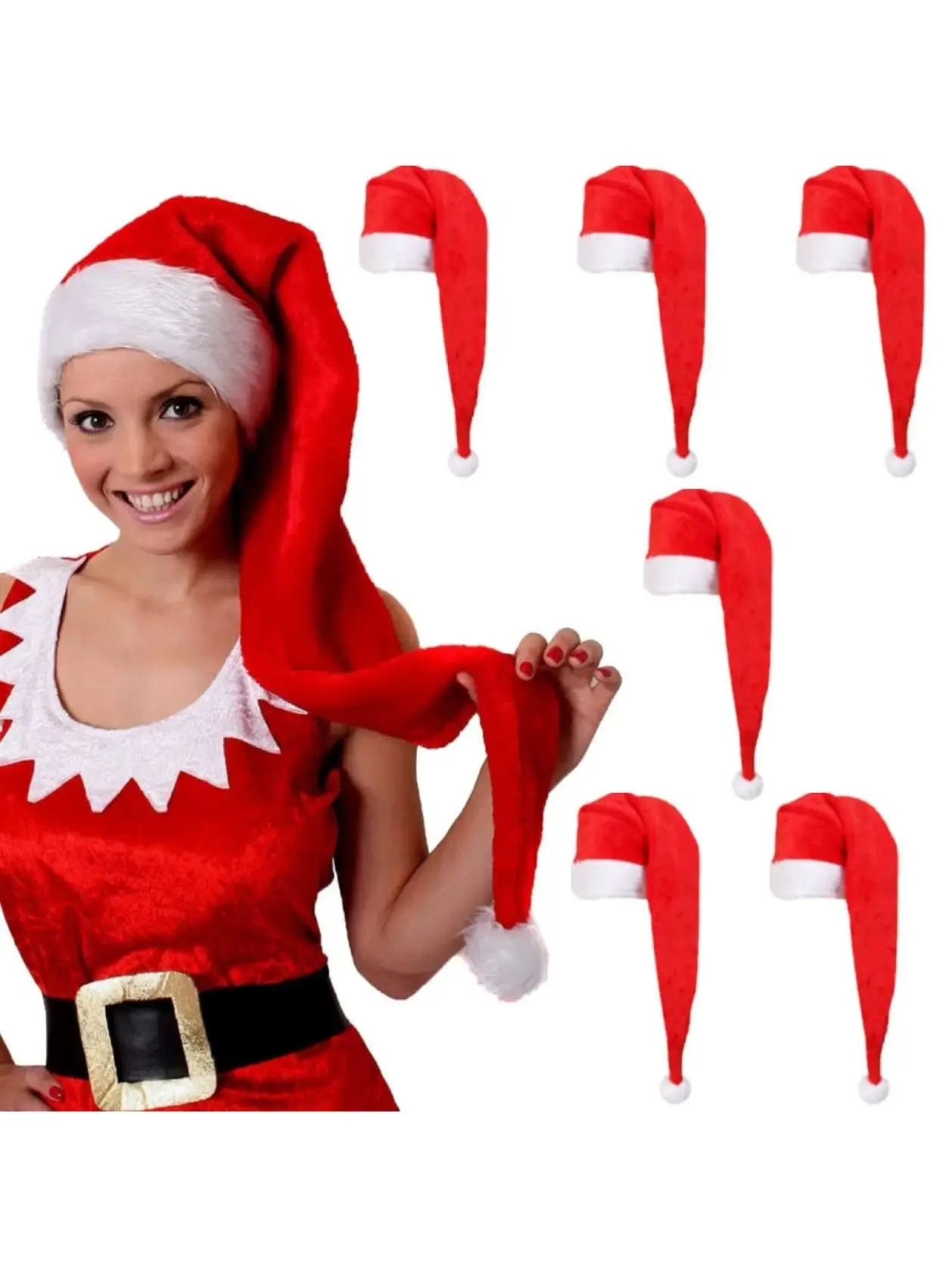 Pack of 6 Santa Hat Christmas Fancy Dress Hat - Long Plush Santa Claus Father Christmas Hat