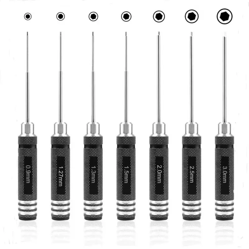 1 zestaw 7 szt. Sześciokątnych zestaw śrubokrętów 0.9mm 1.27mm 1.3mm 1.5mm 2.0mm 2.5mm 3.0mm narzędzia naprawcze do samochodu Rc helikopter