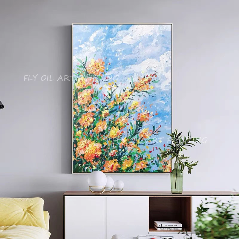 Large Size 100% Handpainted yellow sunflower lareg size picture blue sky artwork oil painting no frame wall decoration gift