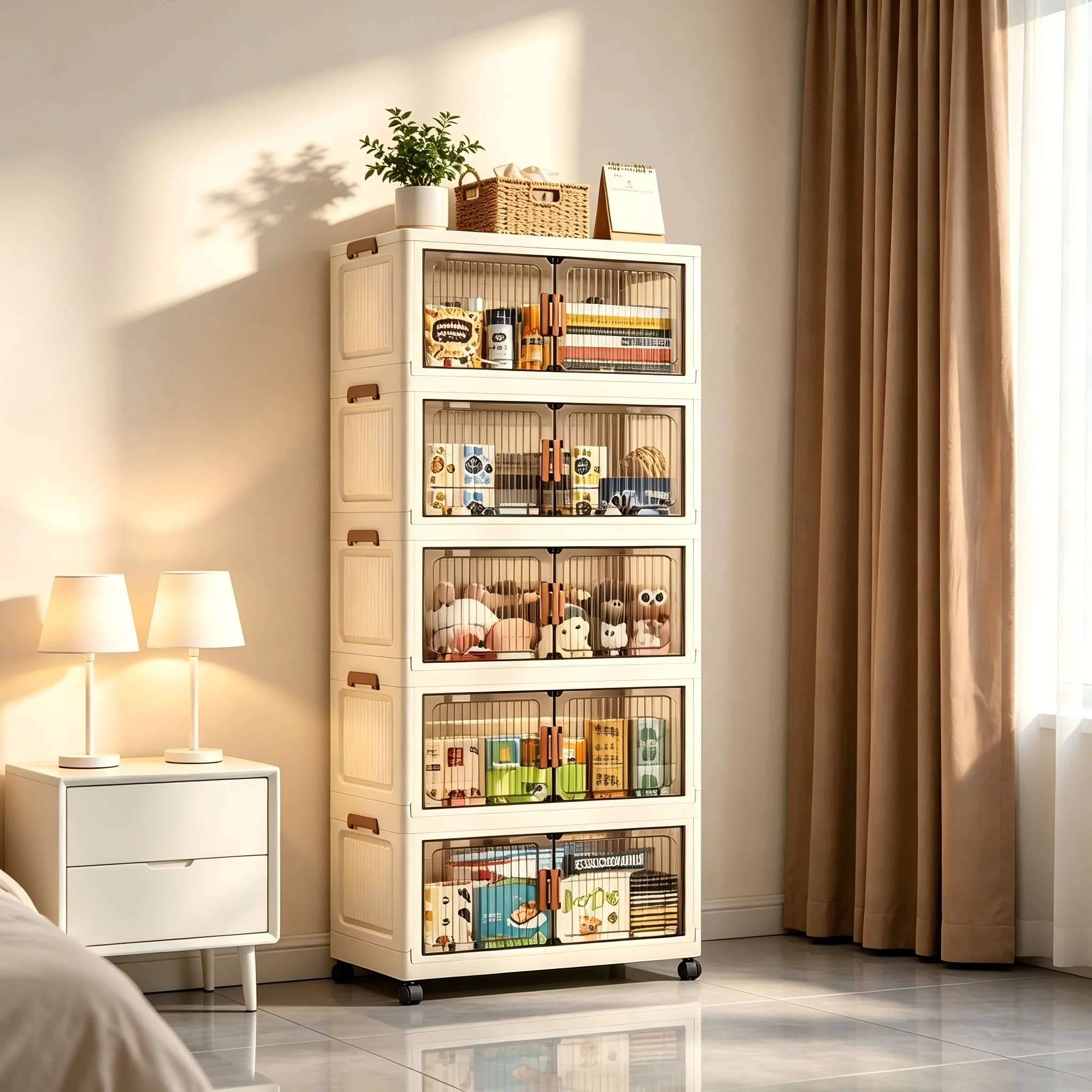 19.7in 3/4/5/6-Tier Foldable Storage Cabinet with Wheels, Stackable Plastic Storage Organizer with Magnetic Doors, Collapsible Storage Shelf for Bedroom, Living Room, Kitchen, Pantry, No Assembly Required, Beige