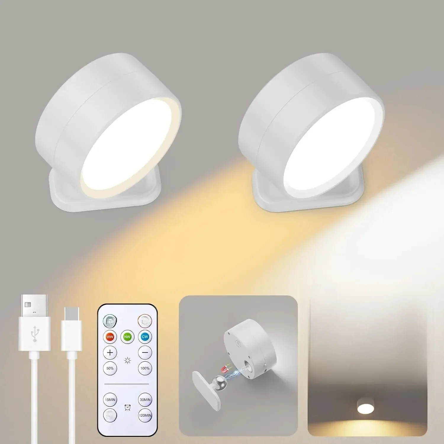 Magnetische LED-Wandleuchten, wiederaufladbare dimmbare Wandleuchten mit Fernbedienung, 360° °   Drehbare Wandleuchte für Schlafzimmer