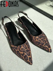 FEDONAS Ins Women Kitten Heels Slingbacks Sandals Leopard Genuine Leather Pointed Toe Party Wedding Shoes Woman Quality Pumps