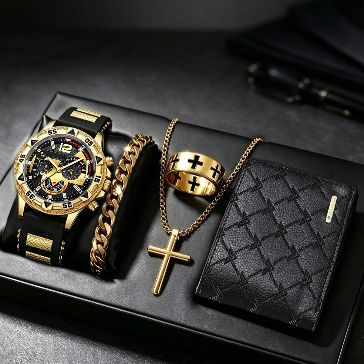 5-Piece Set, Men's Silicone Strap Large Dial Quartz Watch with Jewelry, Wallet Set, Great Accessory for Daily Casual Wear, Commuting, Traveling, and Shopping, Men's Gift.