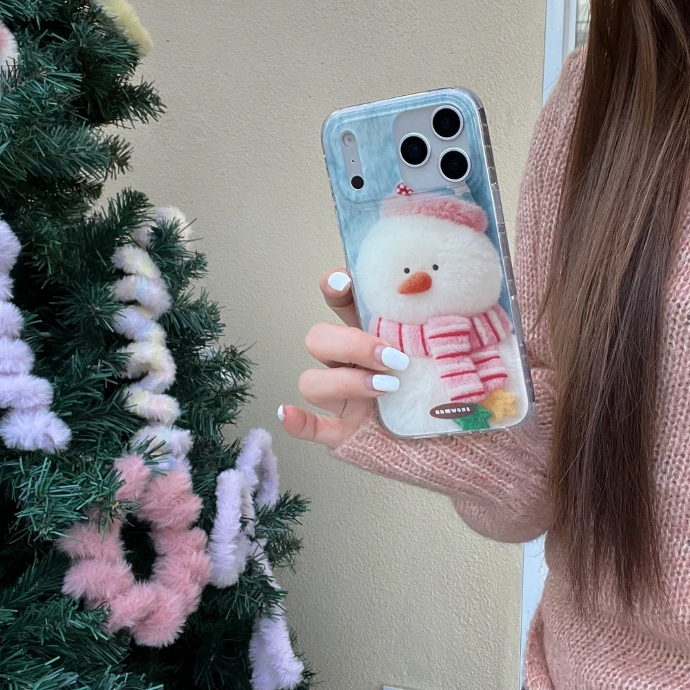 

Cute snowman plush phone case, suitable for iPhone 13/14/15/16/17 Pro Max,Fundans17pro Korean INS new shockproof protective case