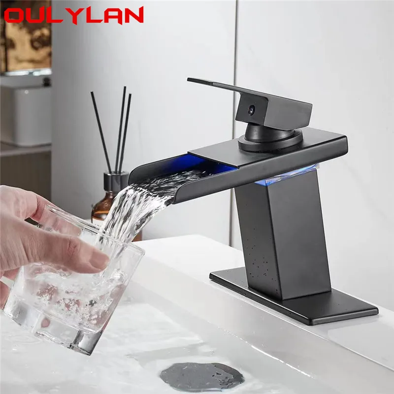 

Oulylan Faucet LED Luminous Water Power Color Changing Mixer Tap Bathroom Basin Faucet Brushed Stainless Steel Deck Large Sink