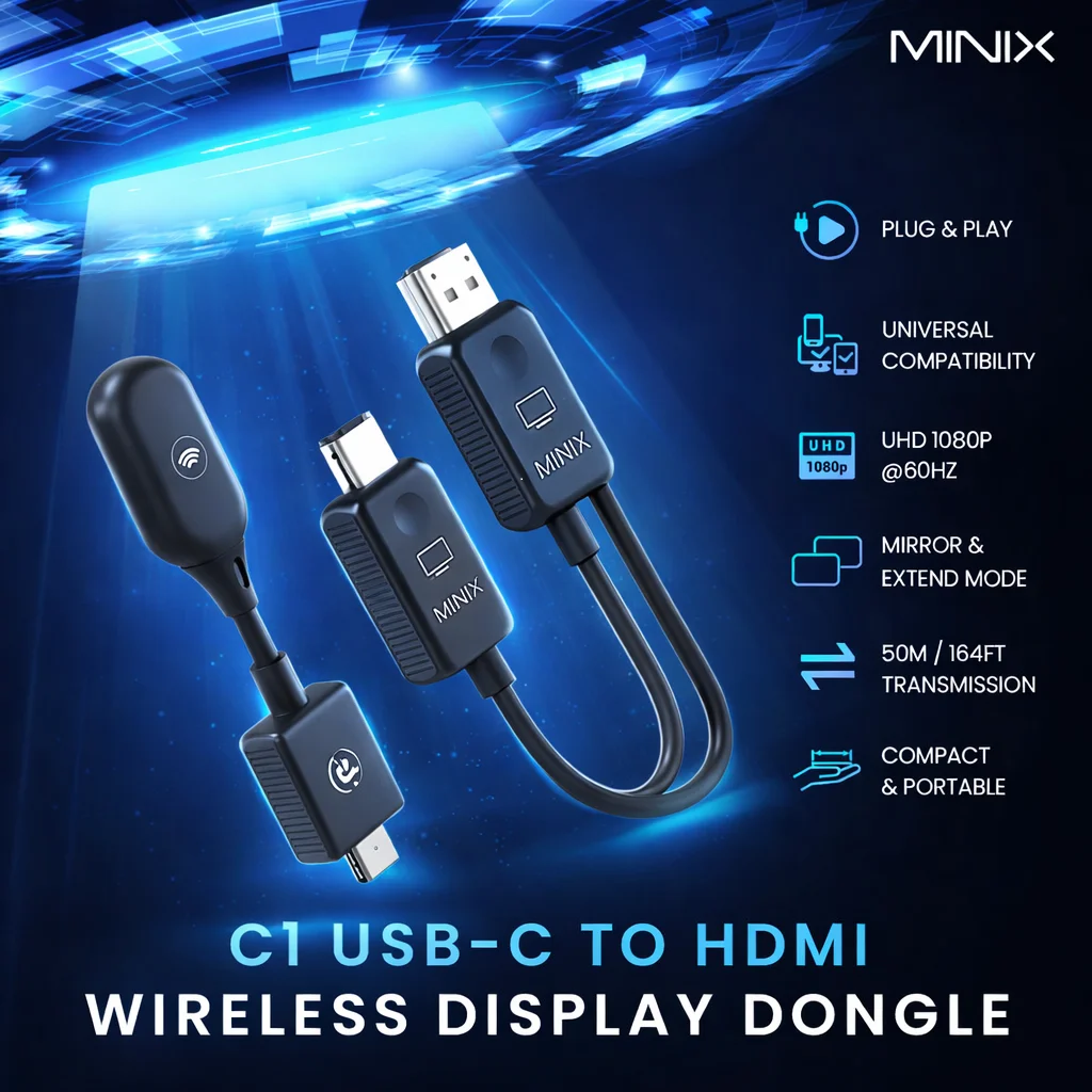 MINIX C1--Wireless USB-C to 1080P HDMI dongle for iPhone15,For laptops and all with DP-Alt video output