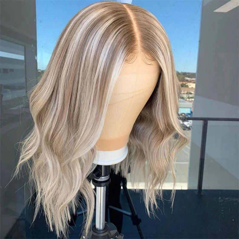 

Светло-коричневый пепельно-русый мелированный человеческий волос Натуральные волнистые короткие парики Боб 13x4 Парики фронта шнурка Предварительно сорванные кружевные волнистые парики для женщин