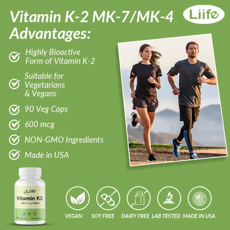 Liife Vitamin K2 Ergänzung-90 Kapseln, 600mcg mk7 & mk4, 90-Tage-Versorgung, unterstützt die allgemeine Gesundheit und Knochens tärke, Soja und g