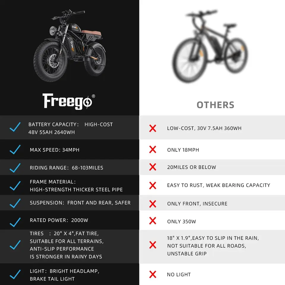 Freego Electric Mountain Bicycle Dual Motor&Dual Battery 2000W 48V/55Ah 20"x4.0" Fat Tires Off-Road Ebike 34MPH/103 Miles image 7