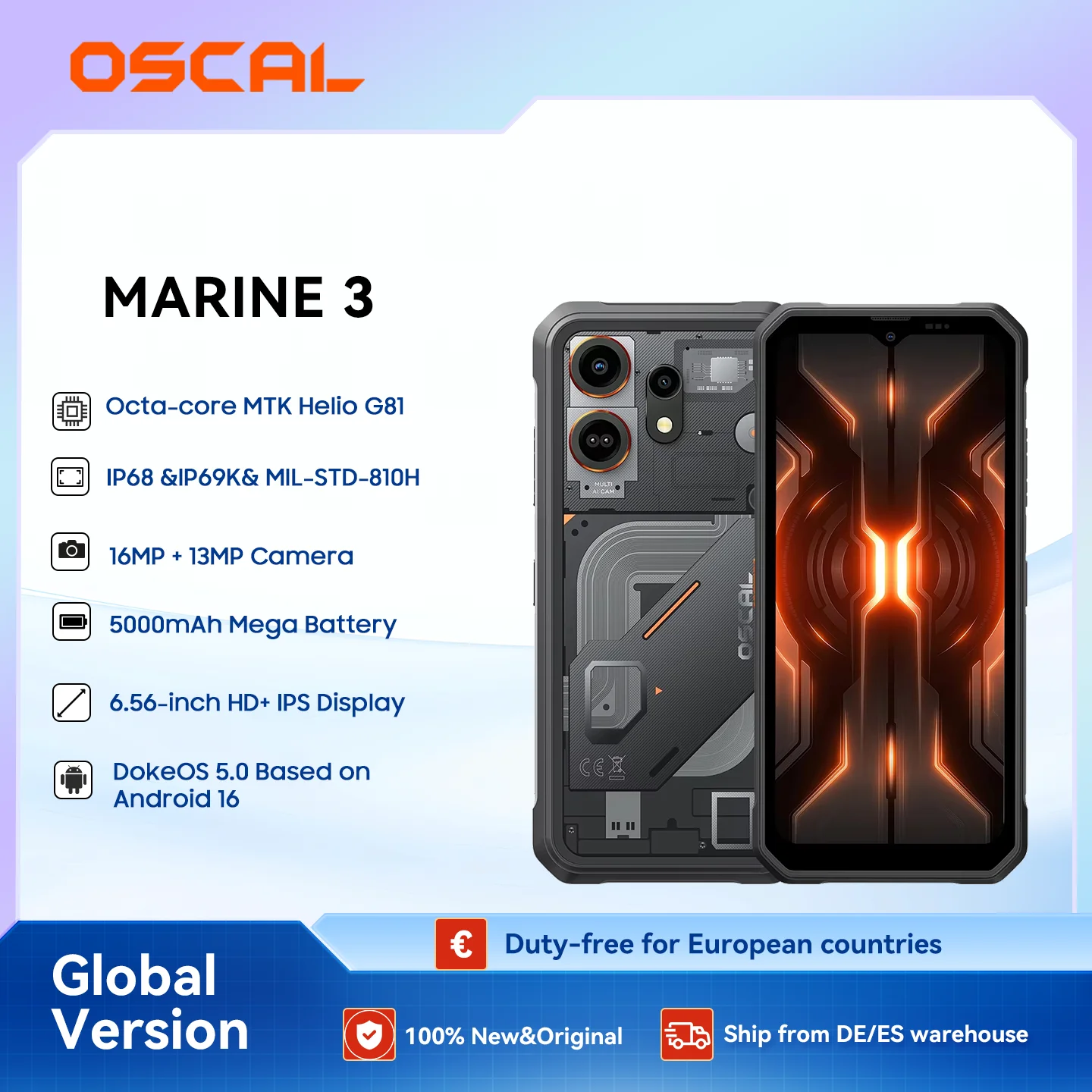 OSCAL MARINE 3 Smartphone, 6,56' HD 90Hz Display, MediaTek Helio G81, 13MP+16MP Kamera, 5000mAh mit 18W, Android 16 Mobiltelefon