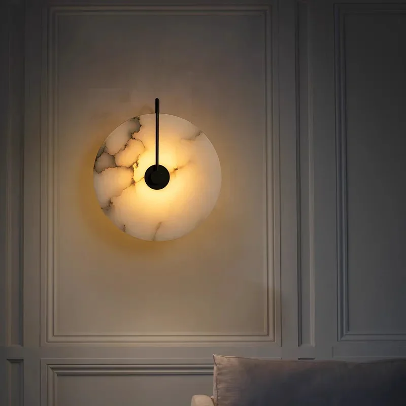 Nordic Postmodernistyczna marmurowa lampa ścienna Naturalne marmurowe oświetlenie do salonu Sypialnia Gabinet Prosty i kreatywny okrągły wystrój (D20 H25cm) — Zdjęcie 2 z 2