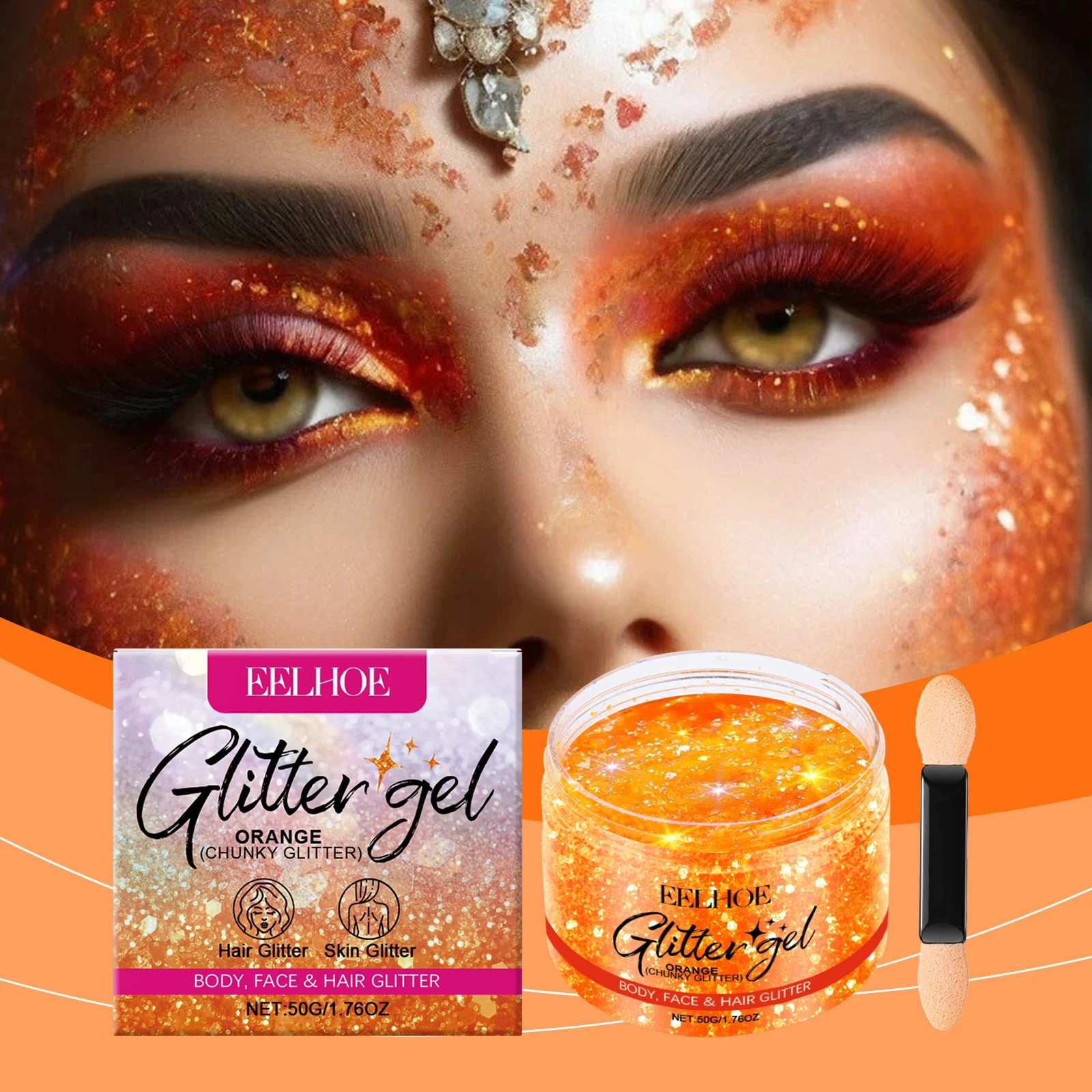 Eelhoe 50 جرام برتقالي لامع جل اشراق الجسم الترقوة عيد الميلاد السنة الجديدة حفلة ماكياج مهرجان لامعة تألق هيغليغتر جل