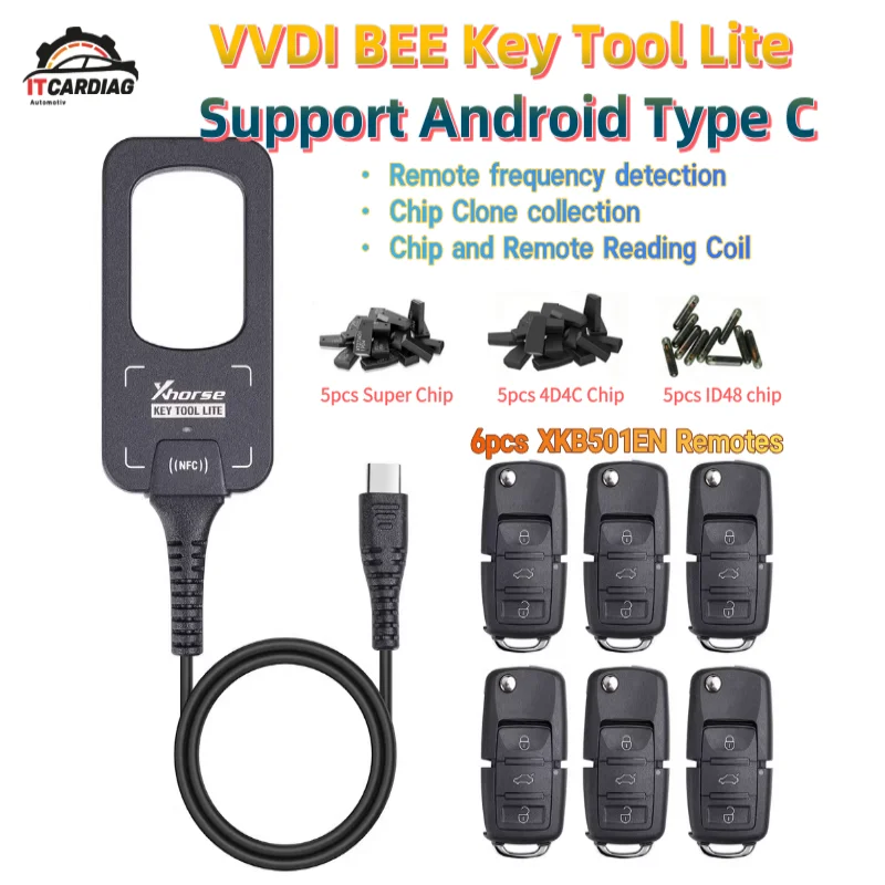 

Xhorse VVDI BEE Key Tool Lite Frequency Detection Transponder Clone with 6 XKB501EN and 4D4C ID48 Super Chips Support Android