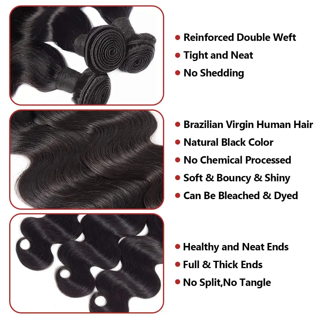 Mèches Brésiliennes Naturelles Body Wave 100% Non Traitées, Extensions de Cheveux Vierges, Double Trame, Noir Naturel, 1 Lot