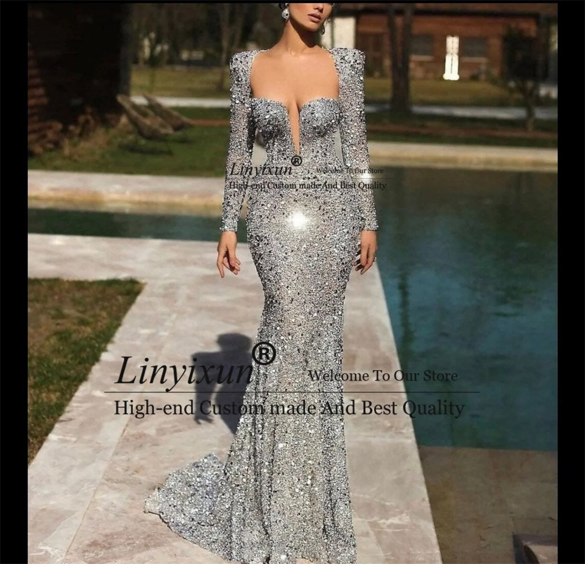 

Sliver Sequins Mermaid Prom Dresses Full Sleeves Women Formal Evening Party Gowns Sparkly Long Court Train Reception Robe De Bal