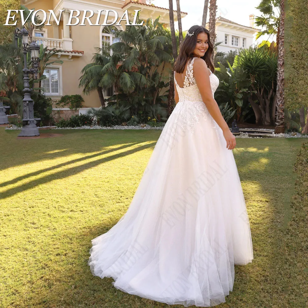 EVON BRIDAL Cywilna Koronka Suknia Ślubna Plus Rozmiar A-Line Podwójny V-Neck SukSuknia ślubna ślubna z okrągłym dekoltem w serek w kształcie litery EWN, suknia ślubna bez rękawów, wykonana na zamówienie szata z Mariée