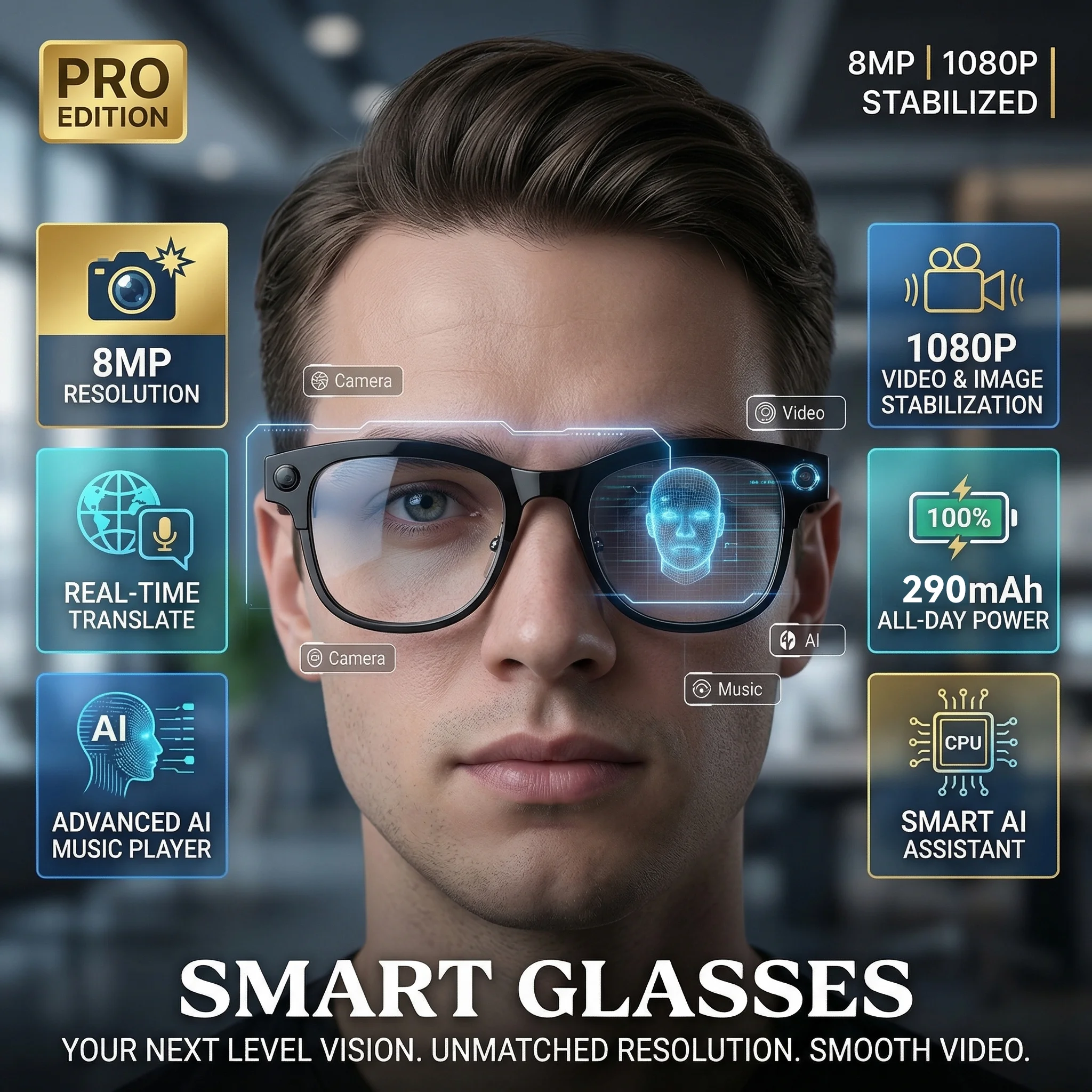 Nouvelles lunettes intelligentes IA GUHUAVMI avec enregistreur photo et vidéo HD 8MP, transfert WiFi, enregistrement audio, traduction IA, réveil vocal, reconnaissance d'objets, appels Bluetooth, double micro, réduction de bruit ENC, contrôle tactile coulissant du volume, chargement magnétique, étanchéité IP66, légères