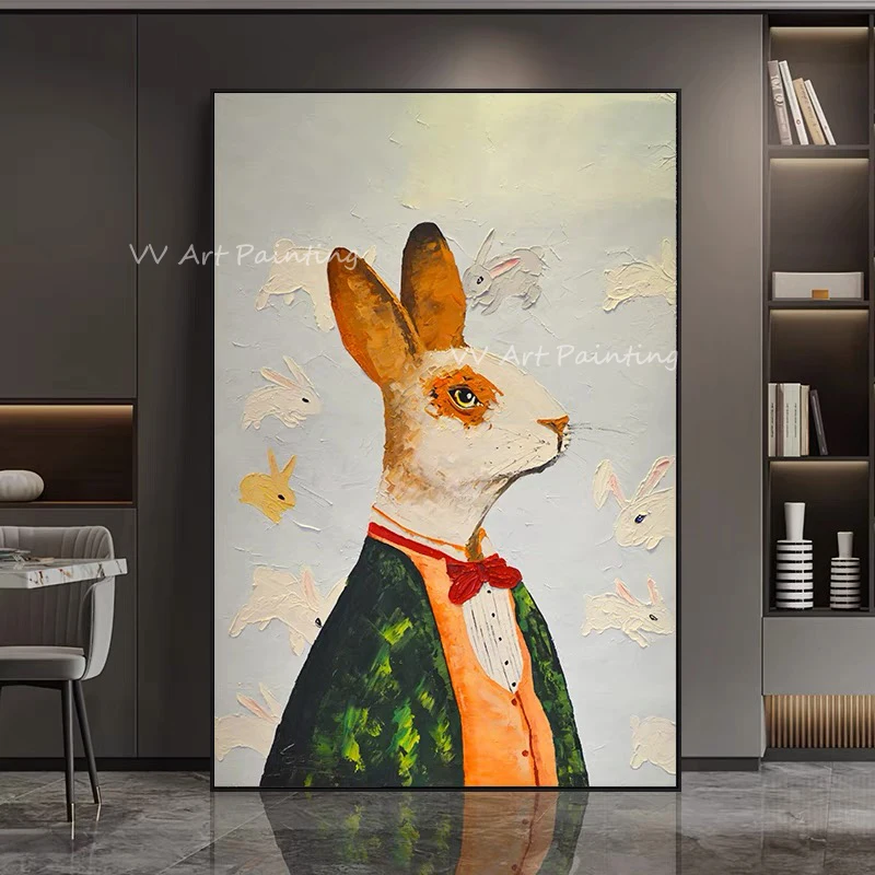 100% Handmade Fox Animal Cute Canvas Textrued Painting Home Picture for Living Room Abstract Scandinavian Wall Art Decoration