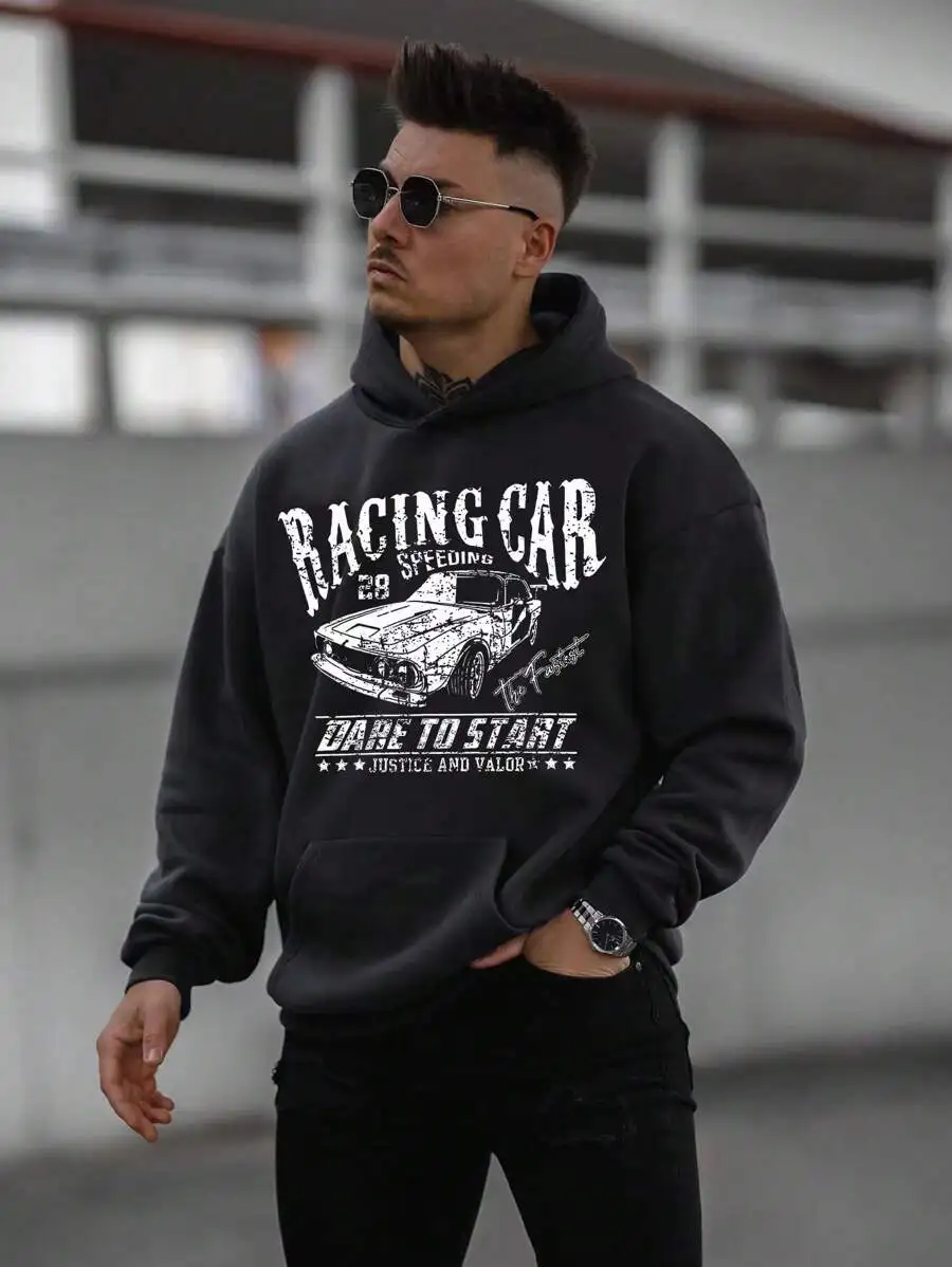 Car letter pattern printed high-quality loose, soft and breathable hip-hop style men's trendy hoodie