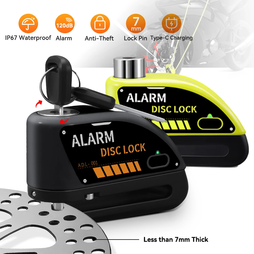 Motorcycle Alarm Disc Lock 120dB Anti-Theft Bike Alarm Lock Rechargeable Waterproof With 1.8M Cable Security System