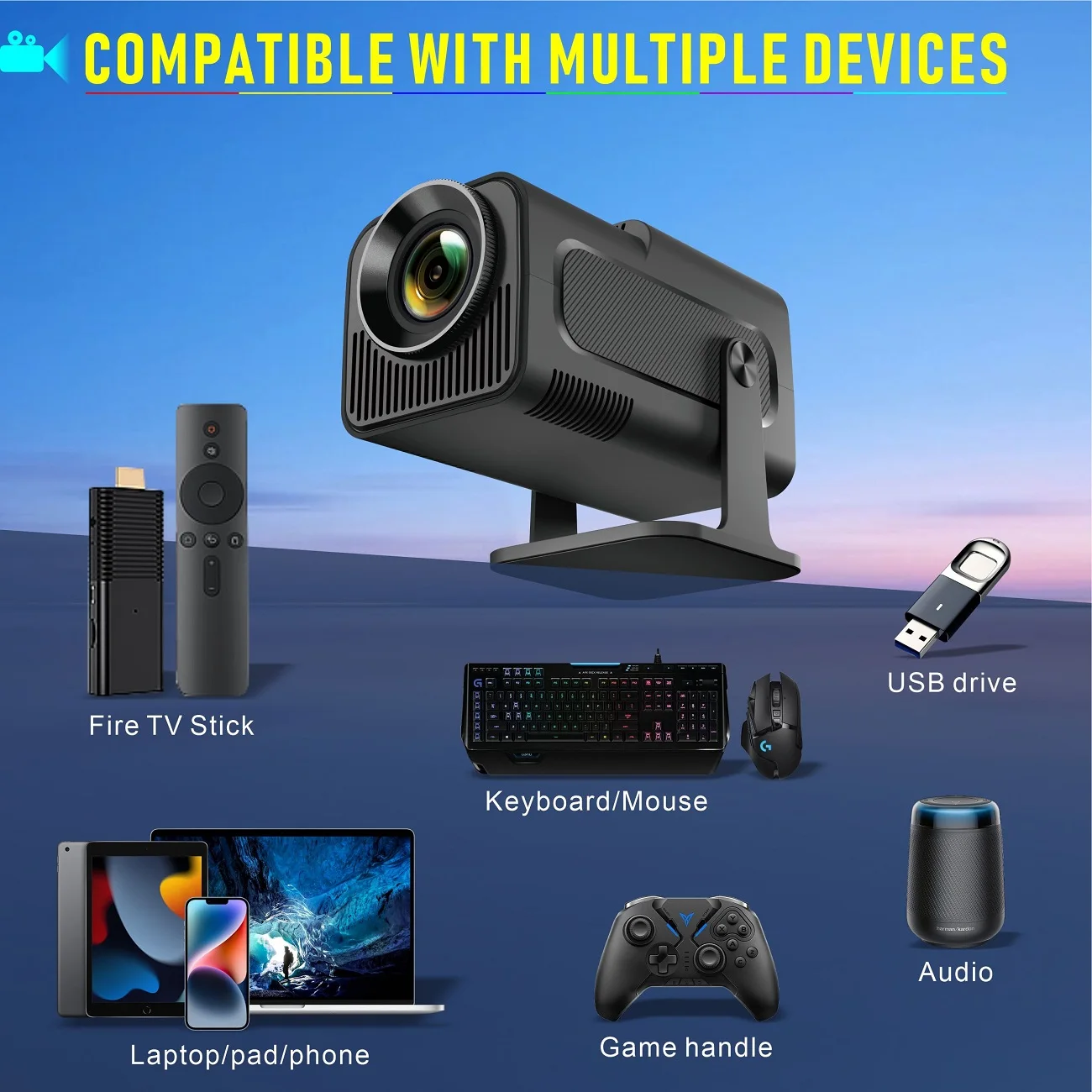 Mini Projector, Upgraded Bluetooth Projector， 1080P Full HD Portable Projector, Movie Projector Compatible with Fire TV &Phones