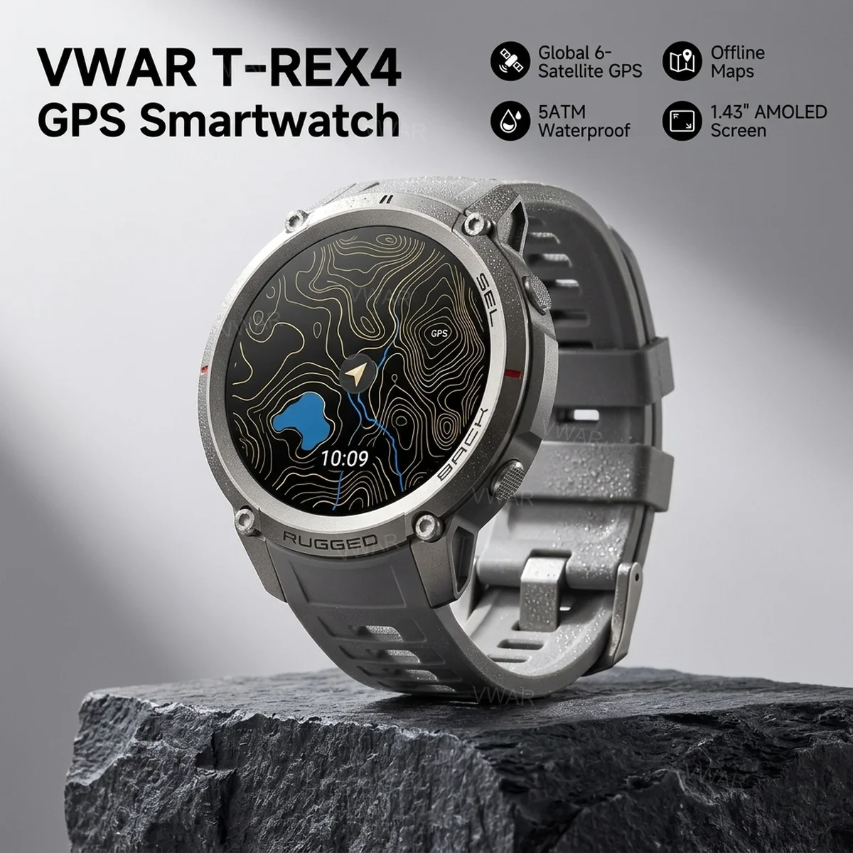 Montre connectée T-REX 4 avec carte hors ligne pour hommes, GPS intégré, étanche 5ATM, écran AMOLED 1,43 pouces, plus de 170 modes sportifs, moniteur de santé.