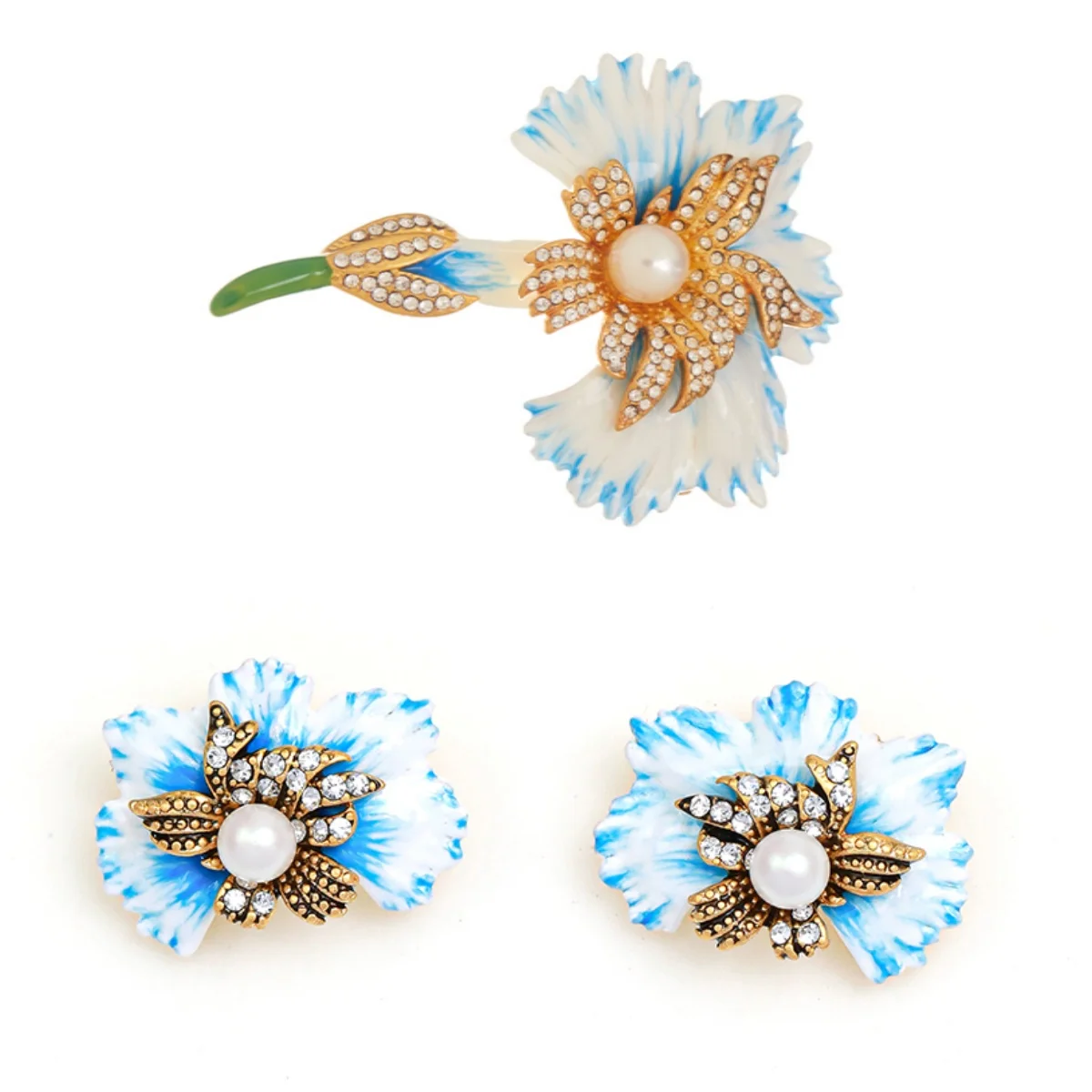 

LEWIS SEGAL 925 Sterling Silver Earrings For Women White CZ Blue Enamel Blossom Flower Brooch Wedding Party Gift Fine Jewelry