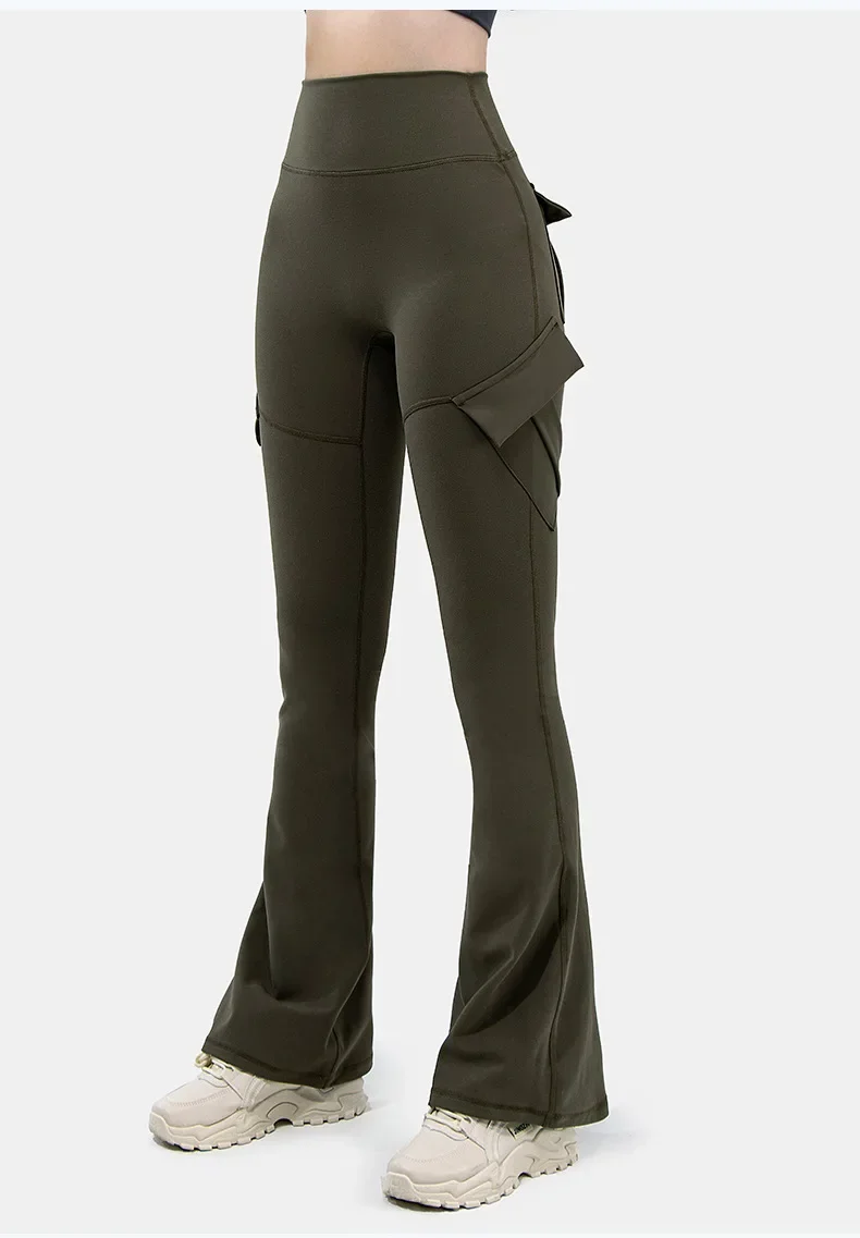 Nowe damskie spodnie do jogi Bootleg Plus Size Workout Flare Legginsy Spodnie ogrodniczki z wysokim stanem i kieszeniami Odzież sportowa — zdjęcie 2