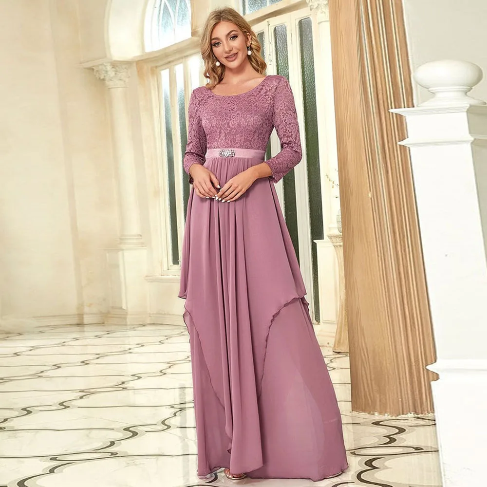 Elegante Lavendel Kant Bruidsmeisje Jurk Primeur 3/4 Lange Mouw Asymmetrische Chiffon Formele Avond Feest Floor Lengte