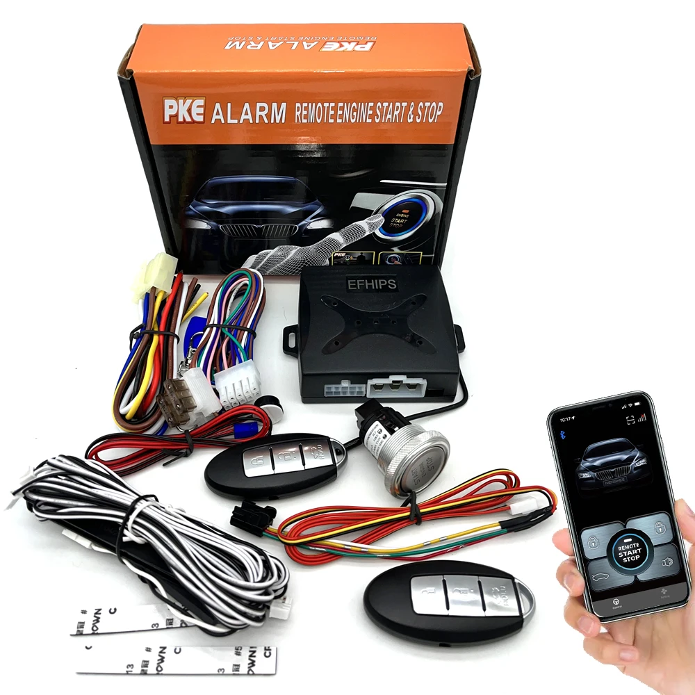 Upgraded version keyless entry system remote control engine start car alarm with auto start stop button PKE APP Control Engine