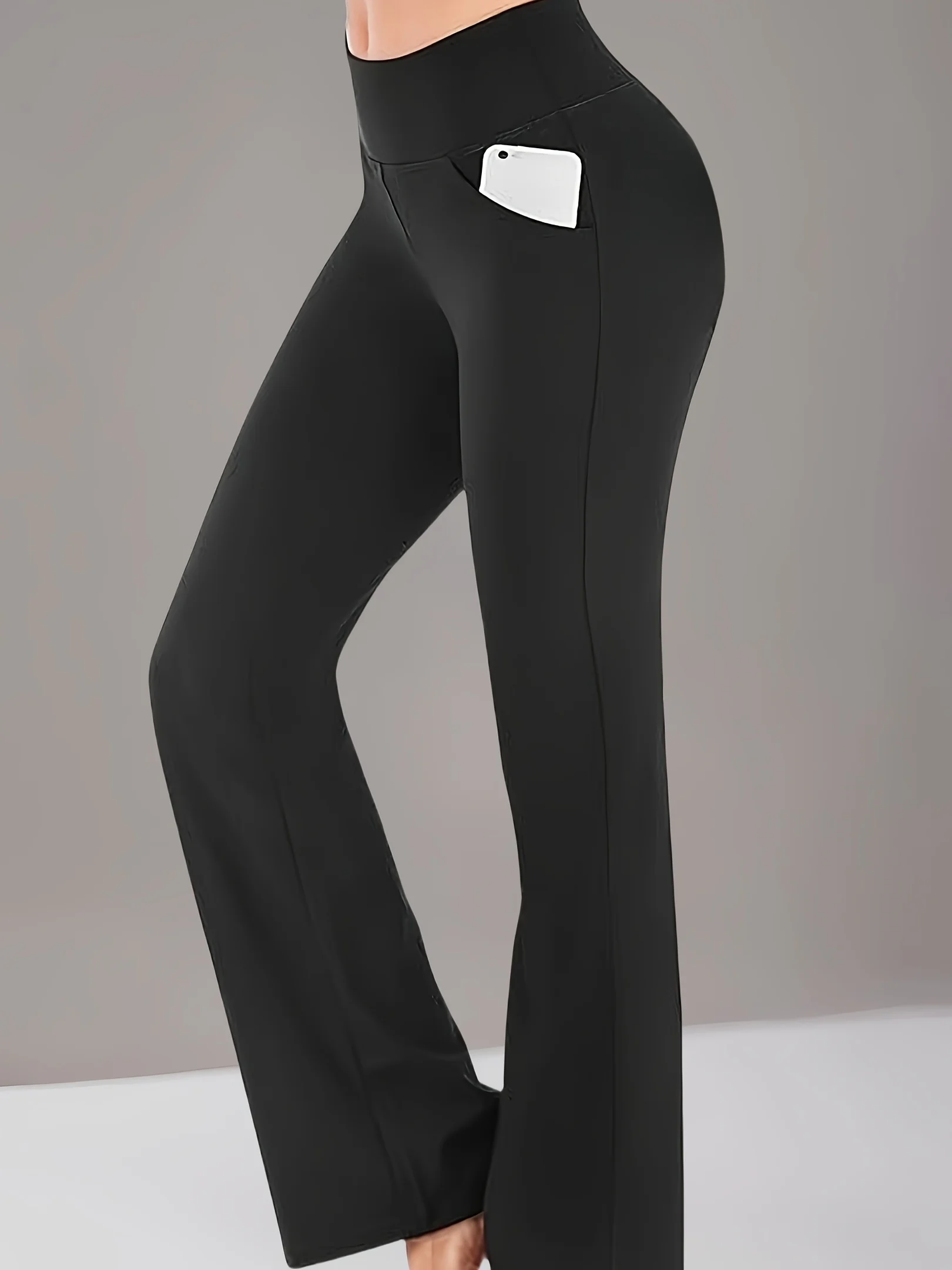 

Женские брюки-клеш с высокой талией и мягкой подкладкой для контроля живота — эластичный пояс, однотонные расклешенные брюки с карманами