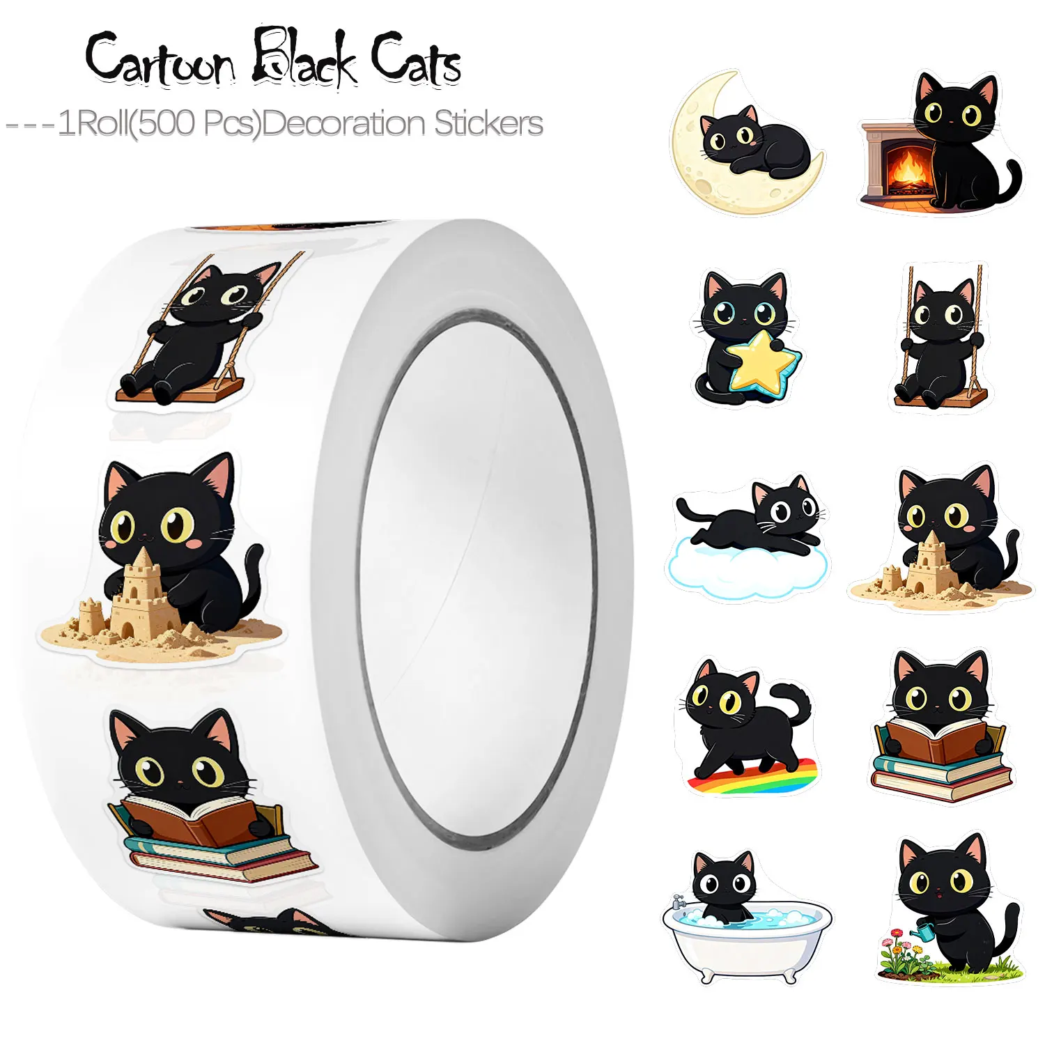 1Roll(500Pcs)Cartoon Black Cats Irregular Sticker 10 Designs