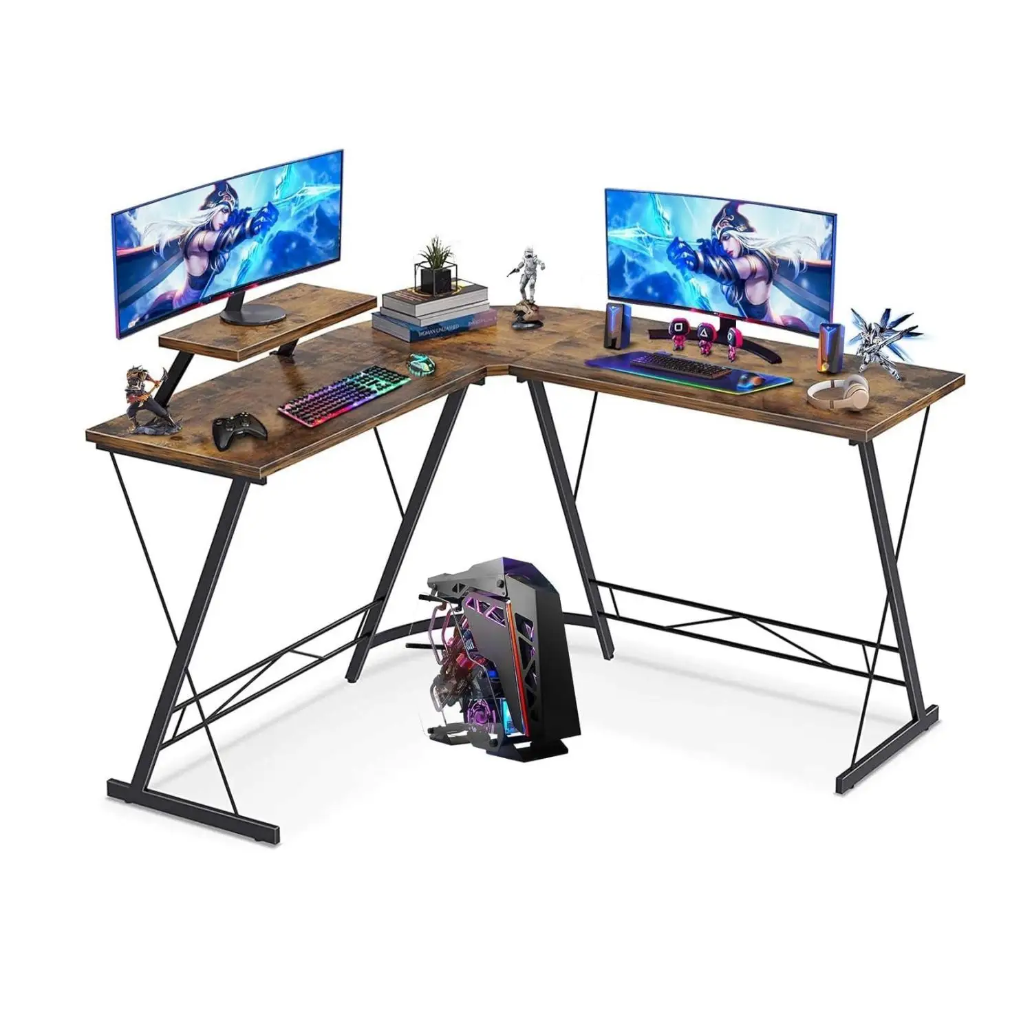 L Shaped Gaming Desk Round Corner, Computer Desk With Monitor Stand ,Study Table,Wood,Natural Brown,Office Home, 129*129*74CM