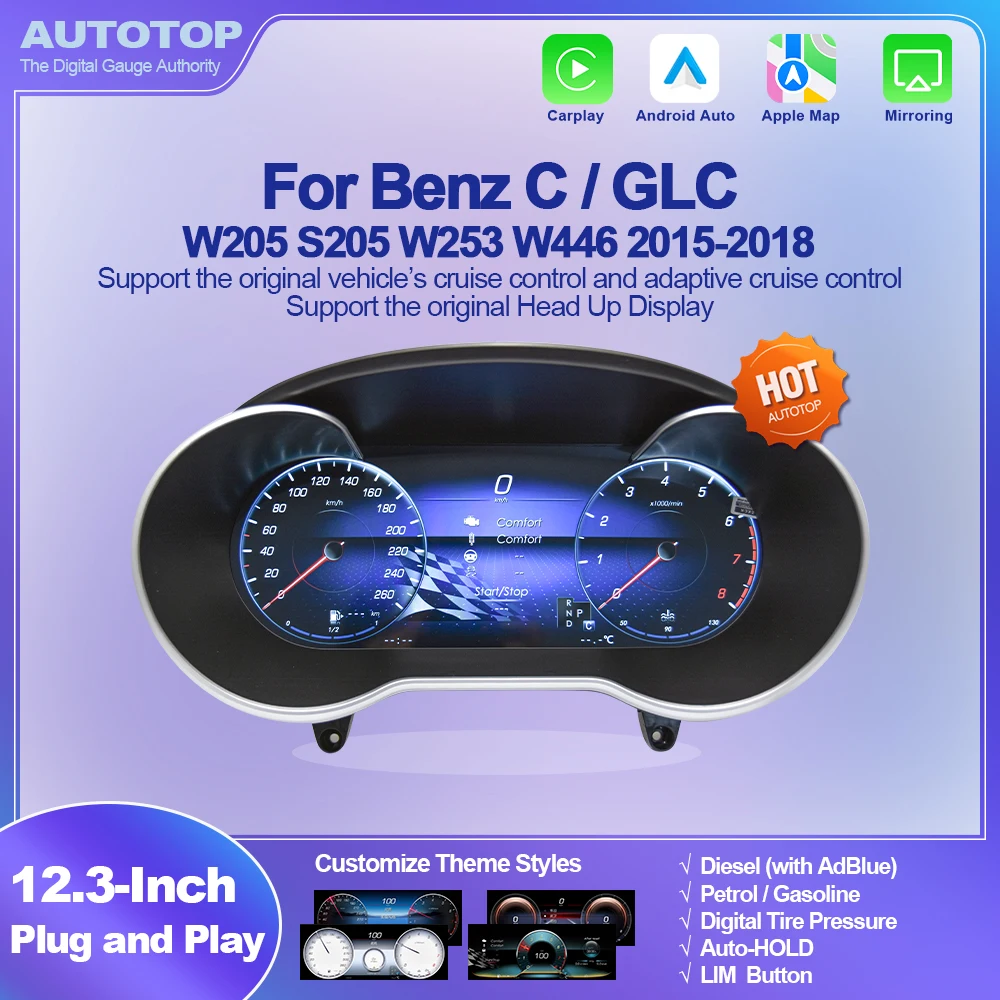 AUTOTOP Quadro Strumenti Digitale 12.3' con CarPlay e Android Auto per Benz Classe C GLC W205 X253 W446 2016-2019 NTG 5.0, Benzina Diesel