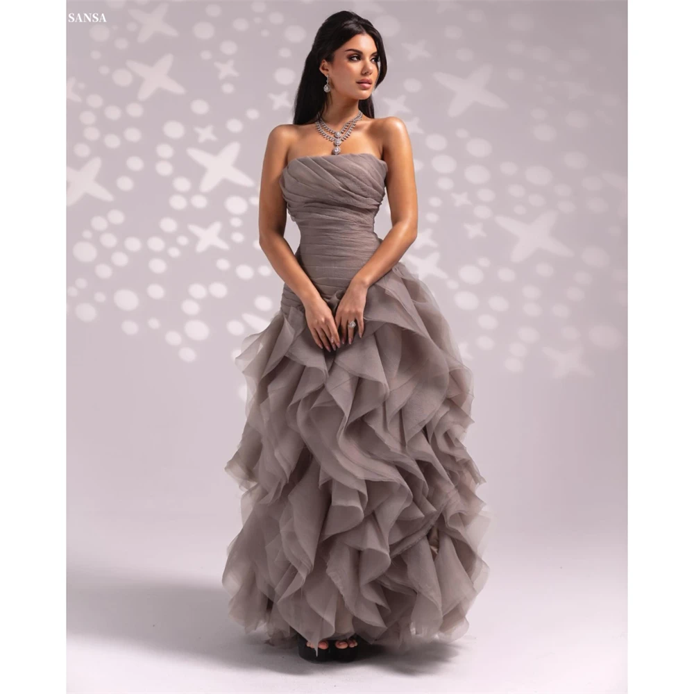 

Sansa Customized Grey Cascading Ruffle A-Line Strapless Prom Dress Sleeveless Vestidos De Noche Floor-Length Formal Evening 2025