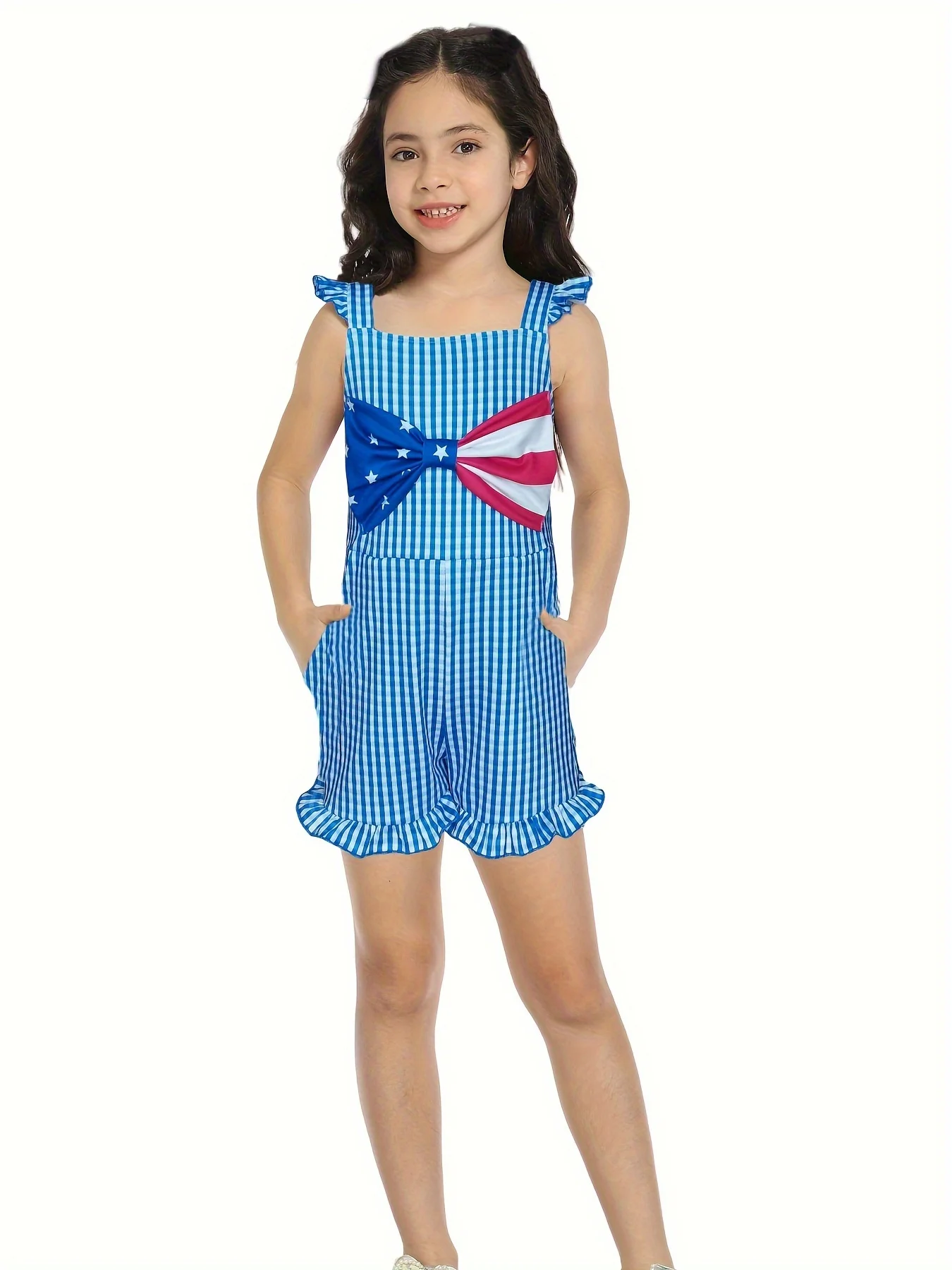 4th of July Flag Girl Jumpsuit 2-14Y Softest Girl Blue Gingham Bow Jumper With Pocket Cute Ruffles Kids Romper