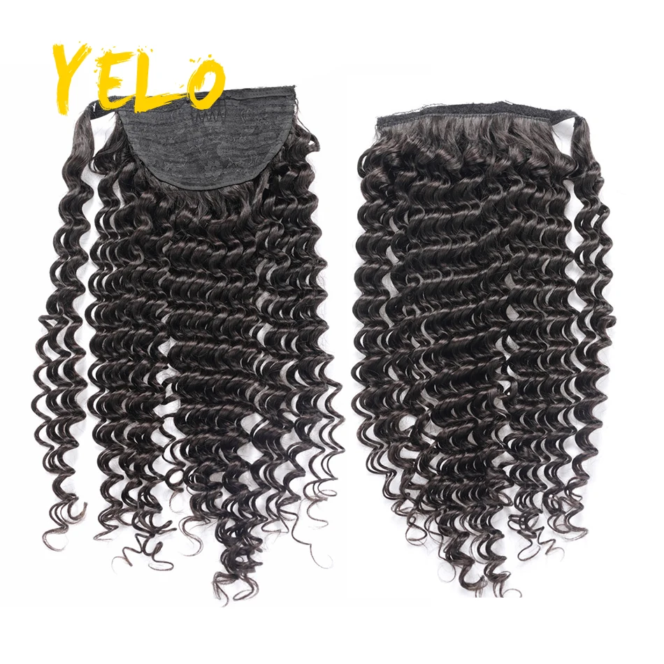 Yelo Warp Around Ponytail Hair Extensions Human Hair Wave Style Bulk Hair Various Colors 14-28 Inch Deep Wave Natural Curvatuire