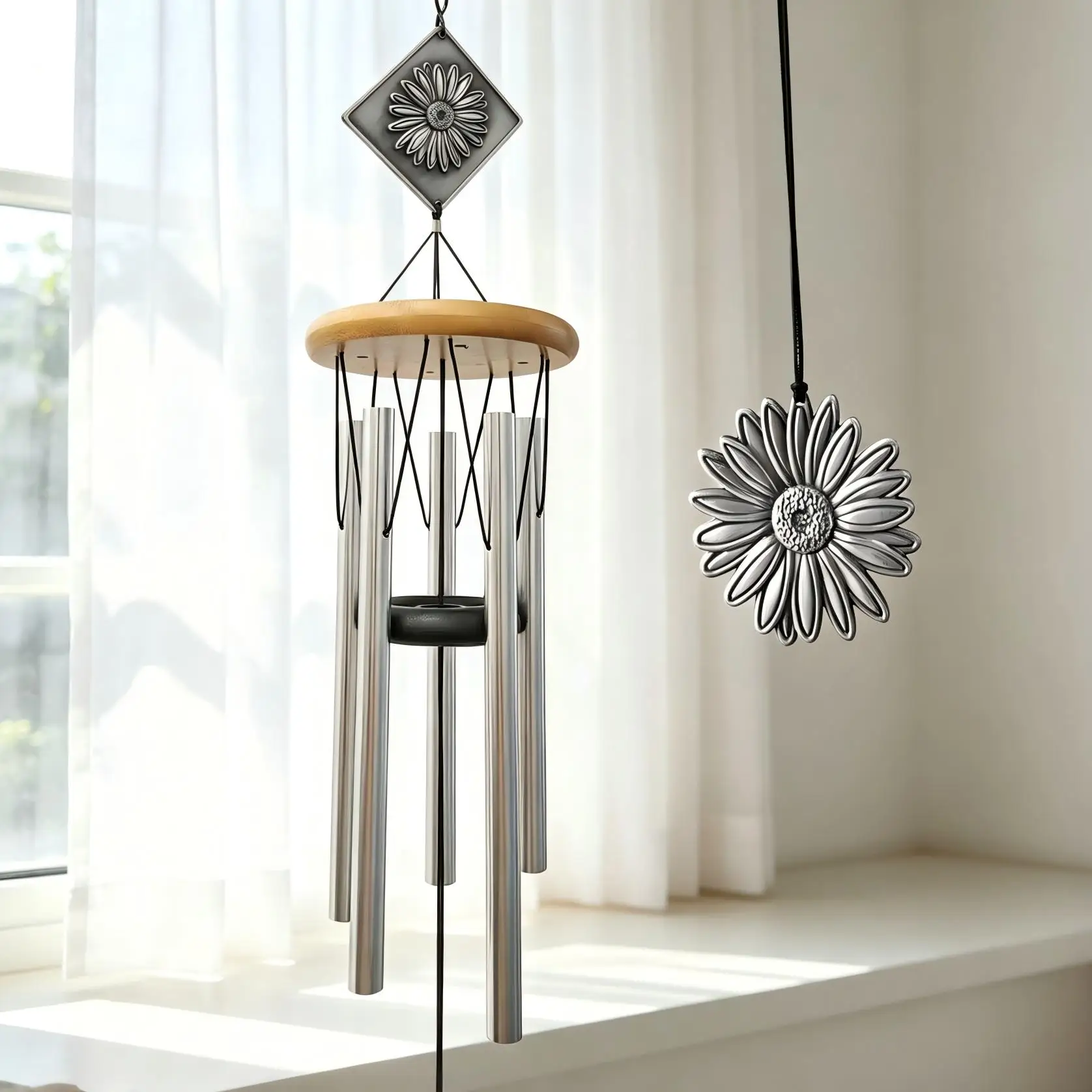 THEYUFA Daisy Wind Chimes Outdoor, 29 Inch Silver Memorial Hanging Pendant, Metal Garden Patio Yard Decor, Unique Gifts for Wome