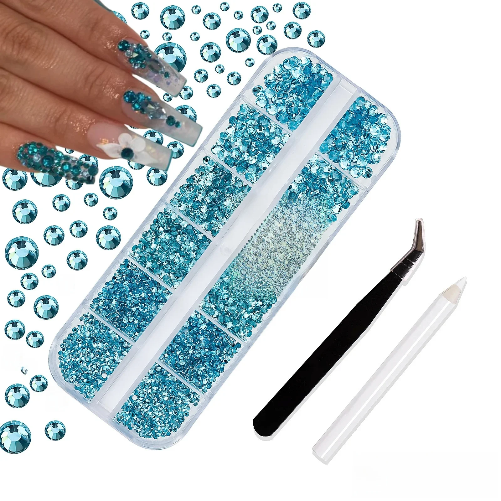 Strass ronds pour Nail Art 3D bleu lac, 12 grilles (avec outils), diamants en verre à dos plat de taille mixte, breloques pour décoration de manucure *