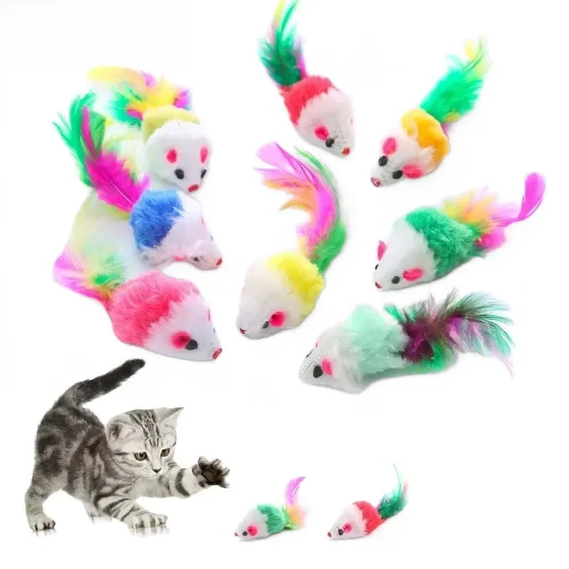 Jouets pour chat mignon en polaire douce, fausse souris, chaton, jouet amusant avec plumes colorées, jouet interactif pour chat, accessoires pour chat