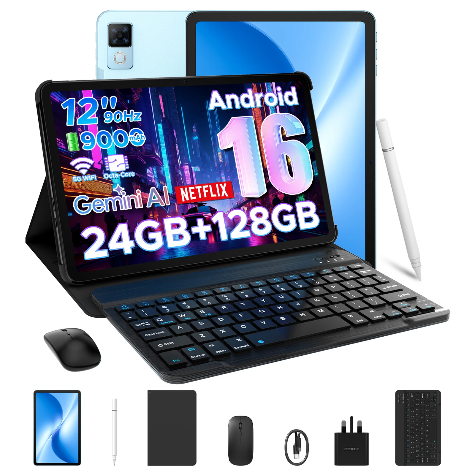 DOOGEE U12 Android 16 Tablet PC 2-in-1 12 inch 90Hz scherm 24GB RAM 256GB ROM 9000mAh batterij Widevine L1 tablet met toetsenbord