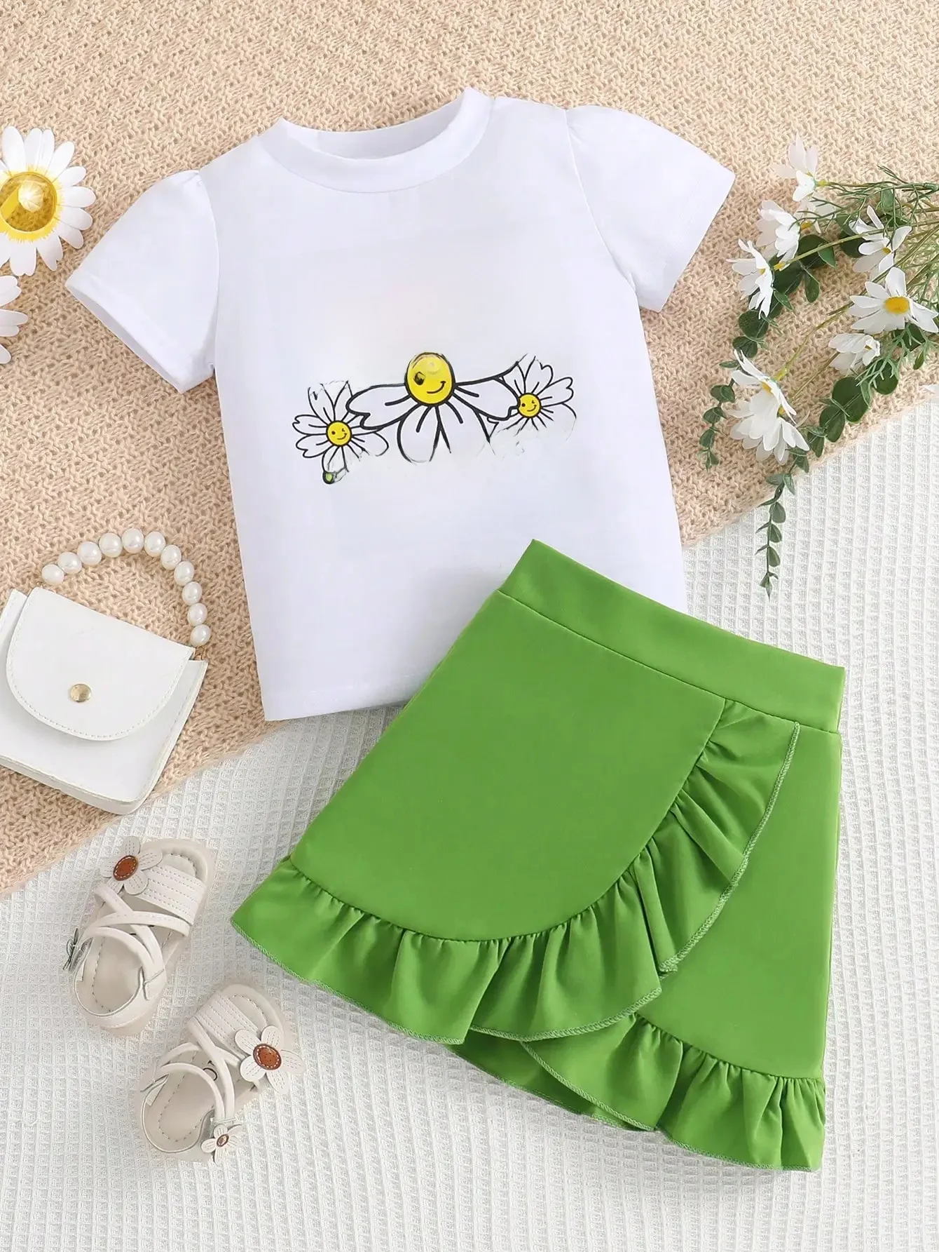 2-częściowa dziewczęca moda wiosna/lato urocza odzież codzienna na zewnątrz biała dzianina z okrągłym dekoltem T-shirt z nadrukiem stokrotki + zielona plisowana spódnica — zdjęcie 2