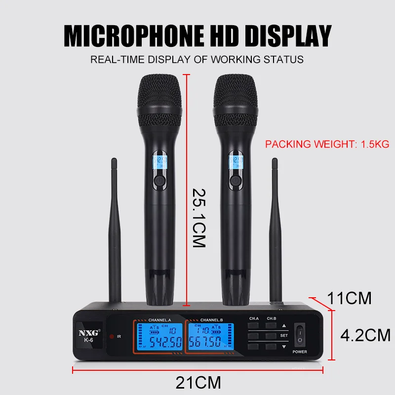 NXG  K-6 UNIVERSAL-1TO2 Dual Wireless Microphone Receiver Kit, Metal Mesh Mic Head, Matte Comfort Grip, Dual Signal Antennas, Crystal Clear Hi-Fi Audio, Zero Delay Sound, Multi-Scene Wireless Mic System for Family Singing, Live Show & Small Events