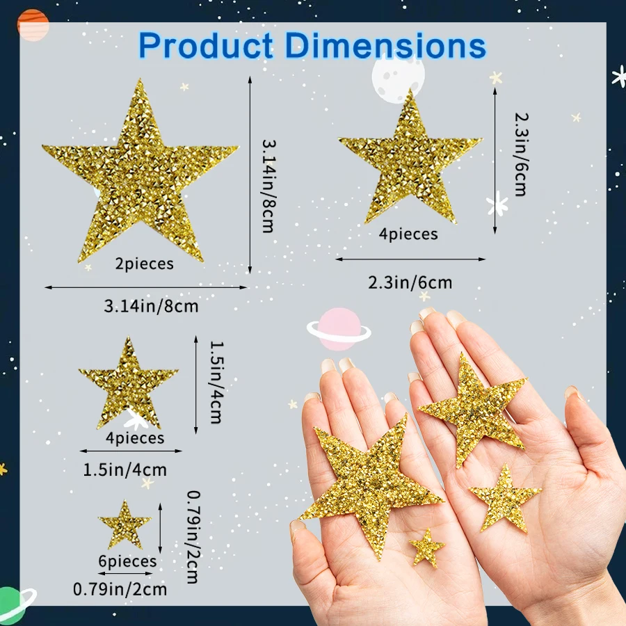 16Pcs 4Size Star Iron On Patch Silver Star Patch Iron Glitter Star Patch Star Shape Applique Patch Iron On Rhinestones Garment Jeans Shoes Bag Hat