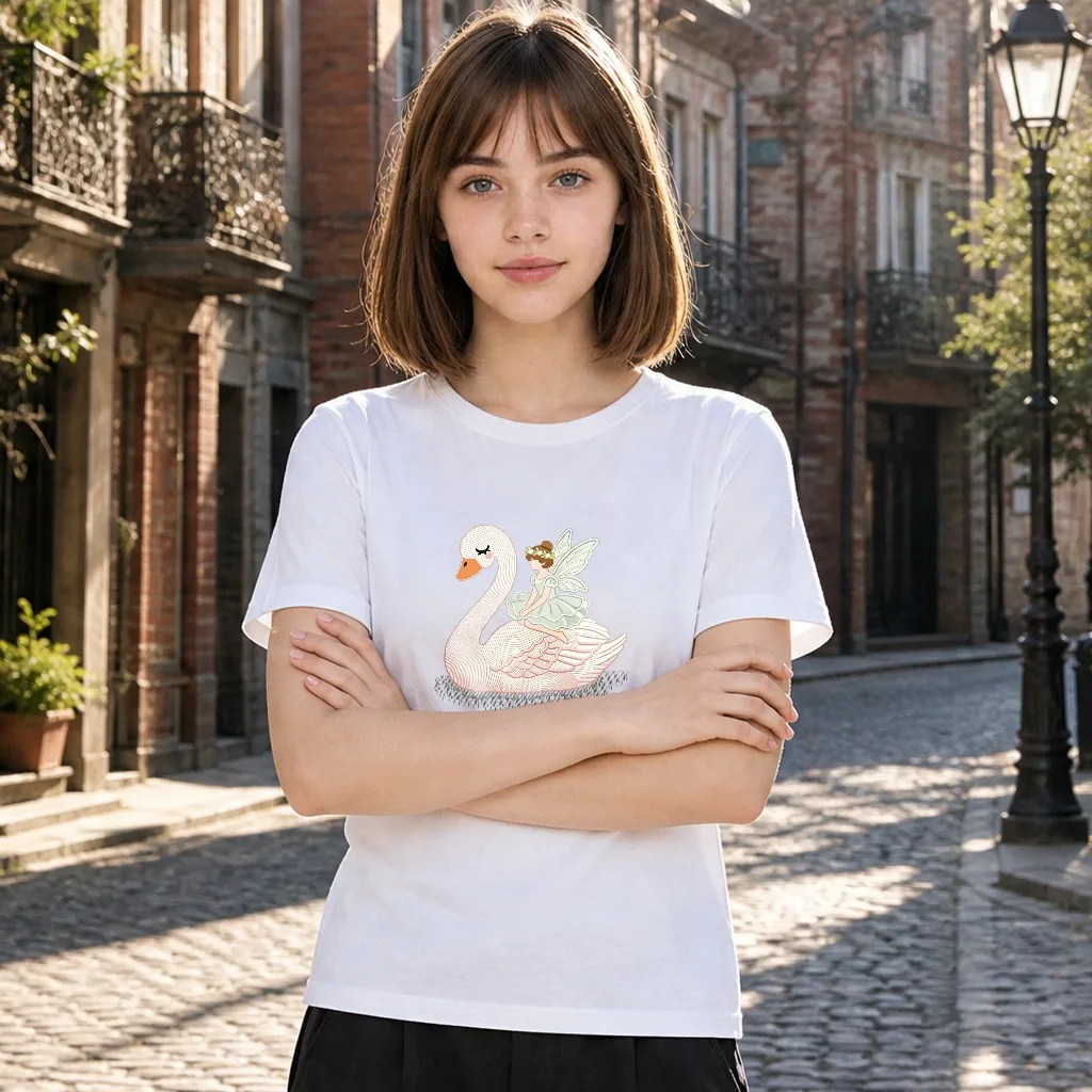 Swan Graphic Women T‑Shirt, Cute Fantasy Elf Swan Print Casual Short Sleeve Tee, Soft Comfortable Daily Wear Top, Sweet Gift.