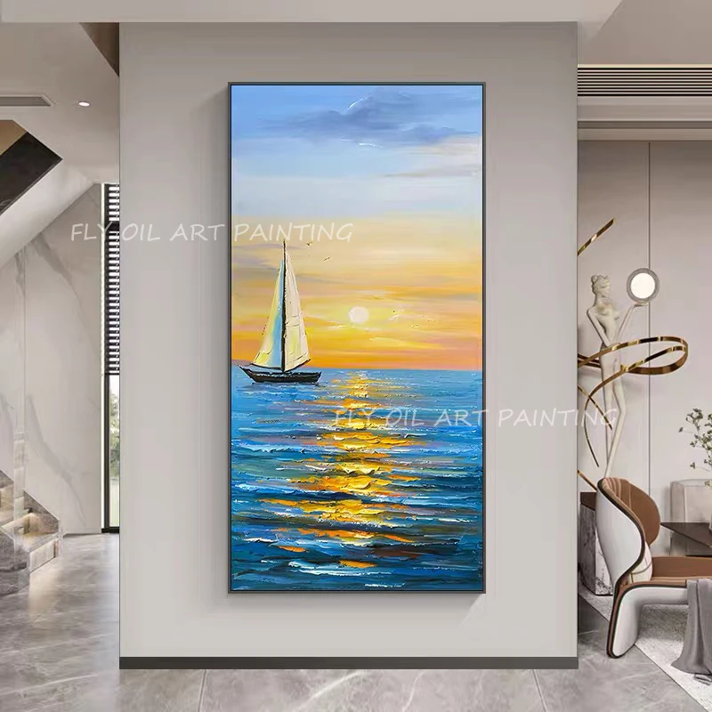 

Handmade ocean sea navy thick knife sailboat sunset landscape picture modern nordic Oil Painting on Canvas Wall Art Home Decor