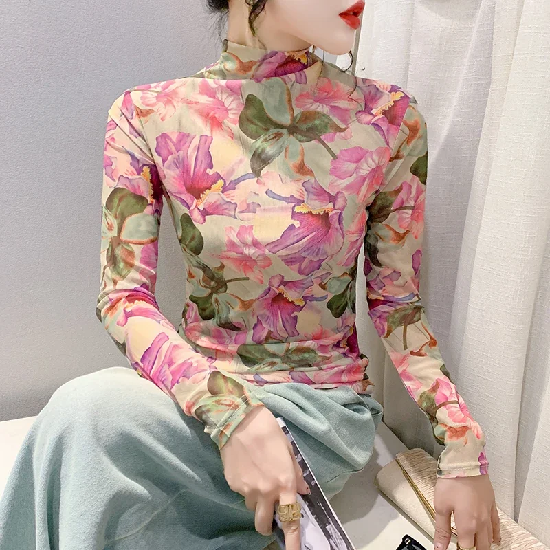 Taille S-4XL Printemps Automne Col Haut Maille Long Économie degradLady Manches sulfImprimé Floral T Shirt Femmes Slim Y-FF0960